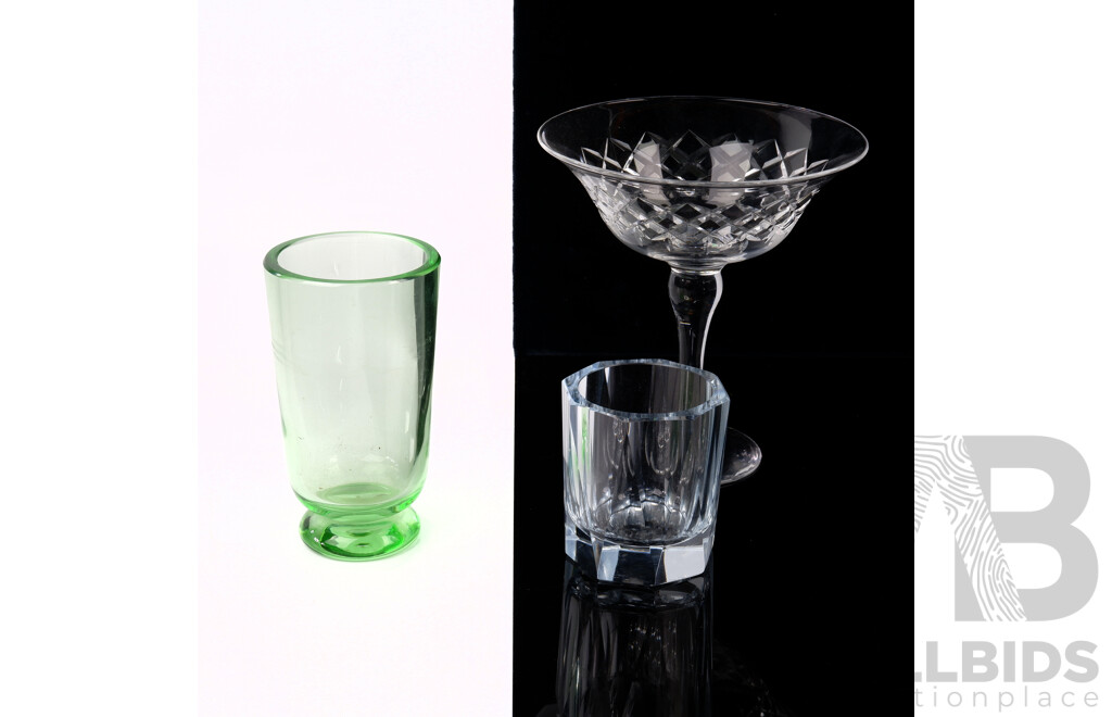 Swedish Stromberg Tumbler, Scandinavian Rukim Aki Lasoy Green Glass Along with Webb & Corbett Crystal Coupe