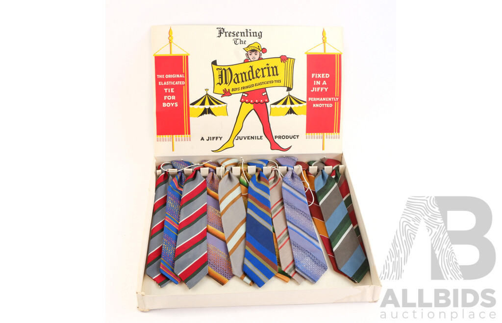 Vintage Boxed Jiffy Manderin Elastic Ties Counter Top Display with 12 Ties