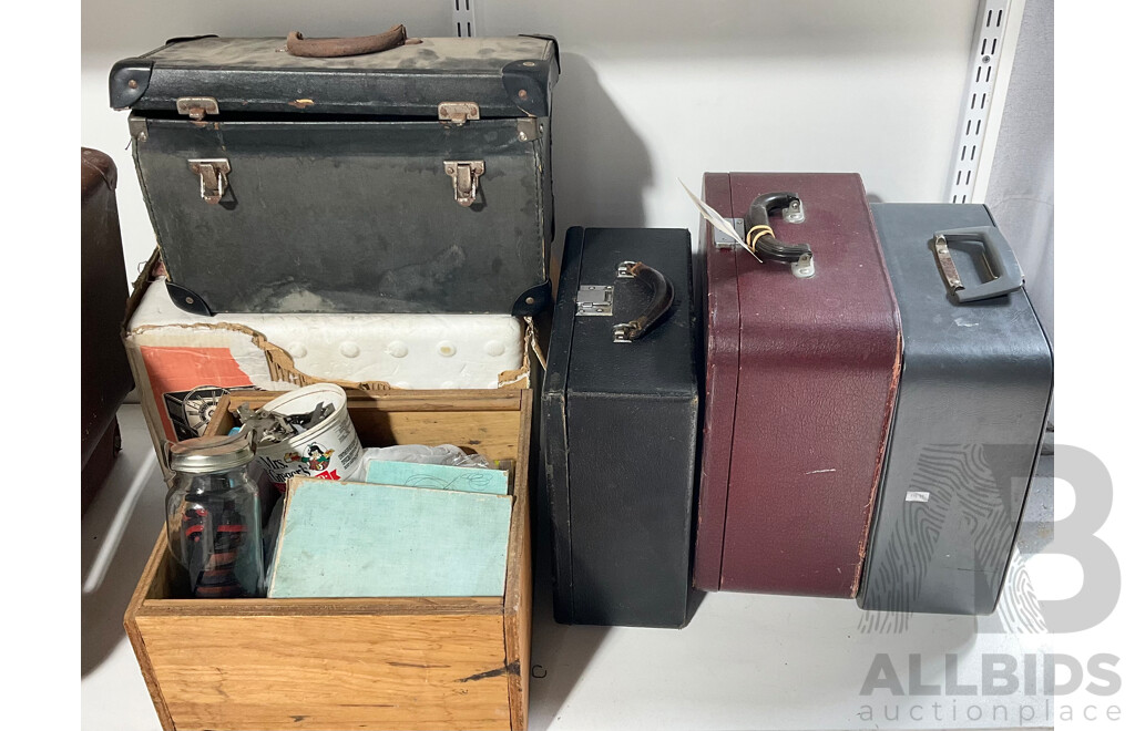 Large Bundle of Typewriter Cases, Two Projectors and Mixed Box of Spare Parts