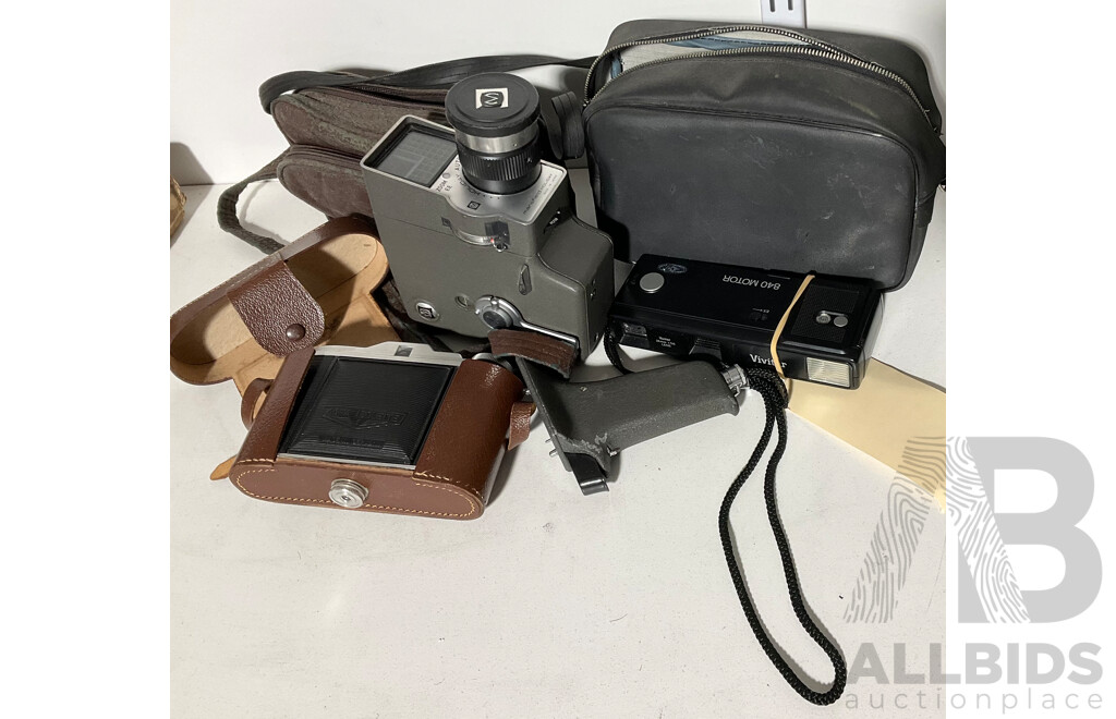 Three Vintage Cameras Including Mansfield Holiday, Agfa Isolette and Vivitar 840 Motor