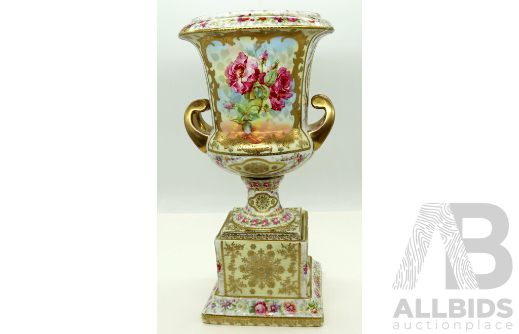 Antique Continental Porcelain Mantle Urn with Rose and Gilt Decoration