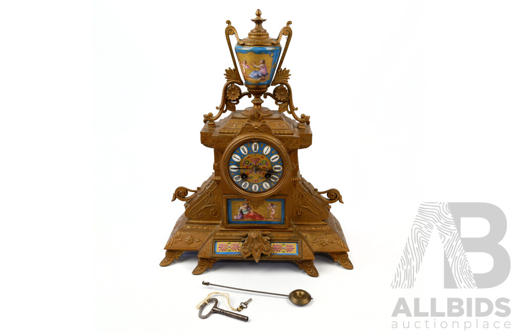 Antique Bronzed Metal Mantle Clock with Hand Painted Detail to Face and Urn Finial, with Key and Pendulum