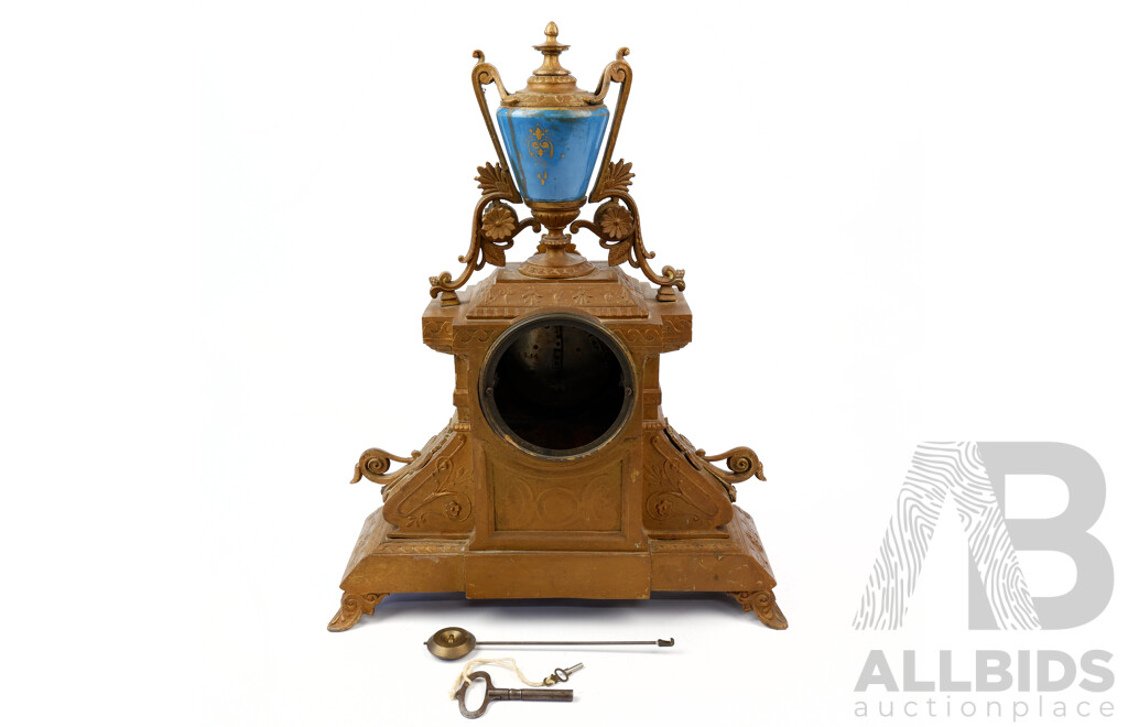 Antique Bronzed Metal Mantle Clock with Hand Painted Detail to Face and Urn Finial, with Key and Pendulum