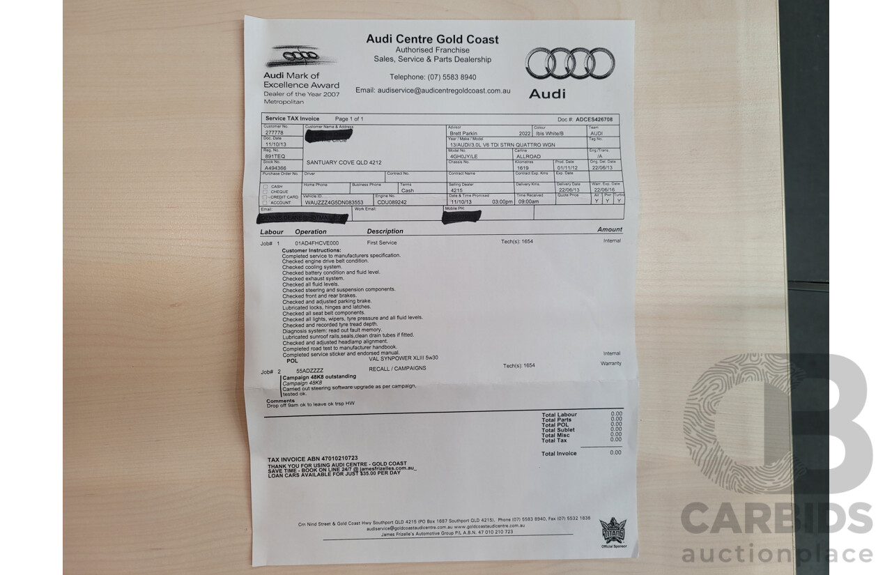 4/2013 Audi A6 Allroad Quattro (AWD) LE 4GH 4d Wagon Ibis White Turbo Diesel V6 3.0L