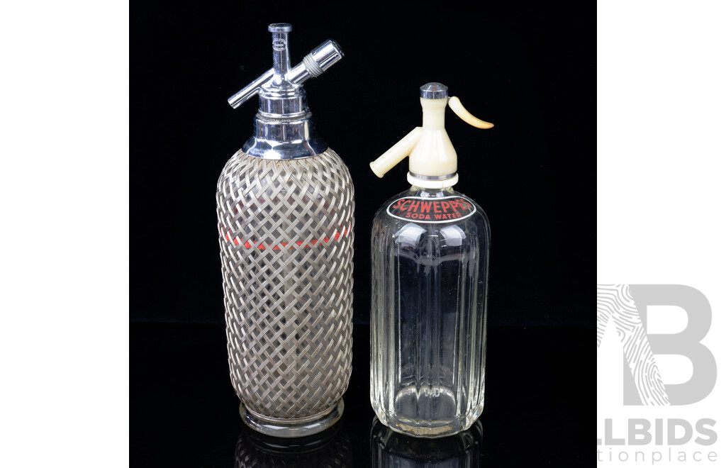 Two Vintage Soda Siphons Comprising Schweps and Mesh Covered Examples