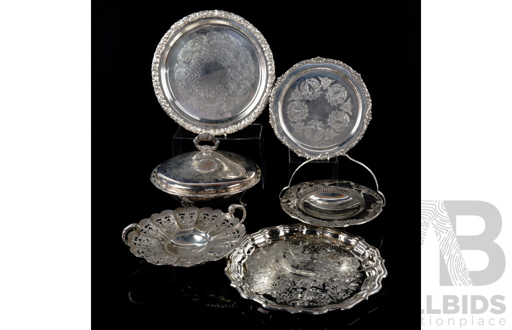 Collection Vintage Silver Plate Including Strachan Reproduction Old Sheffield Charger, Two Ranleigh Chargers, Two Rhine Gold Cake Stands with Pierced Rims and More