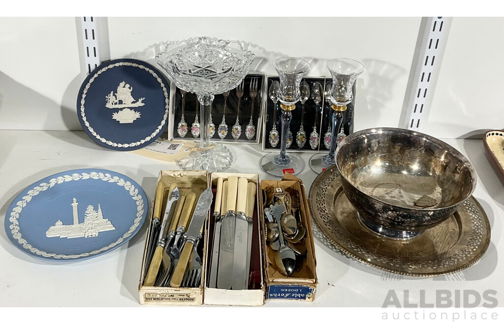 Collection Vintage Items INcluding Pair Mikassa Candle Holders, Two Wedgwood Jasper Ware Plates, Sheffield Bone Handled Fish Set, Flatwear, Silver PLate Tray & Bowl and More