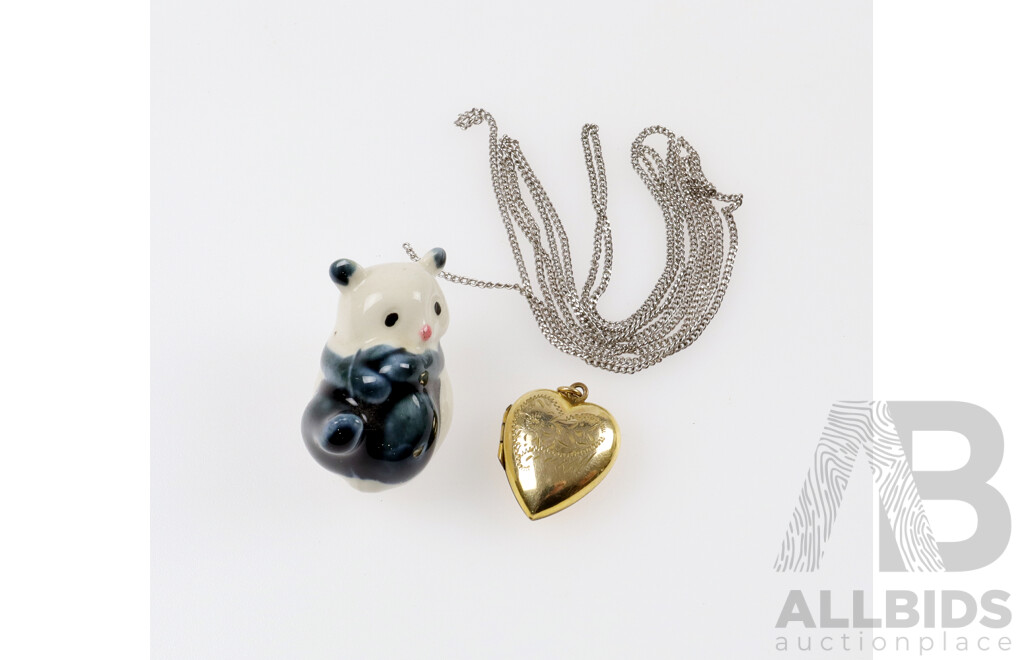 Sweet Little Panda Figurine with Vintage Rolled Gold Etched Locket (20mm)
