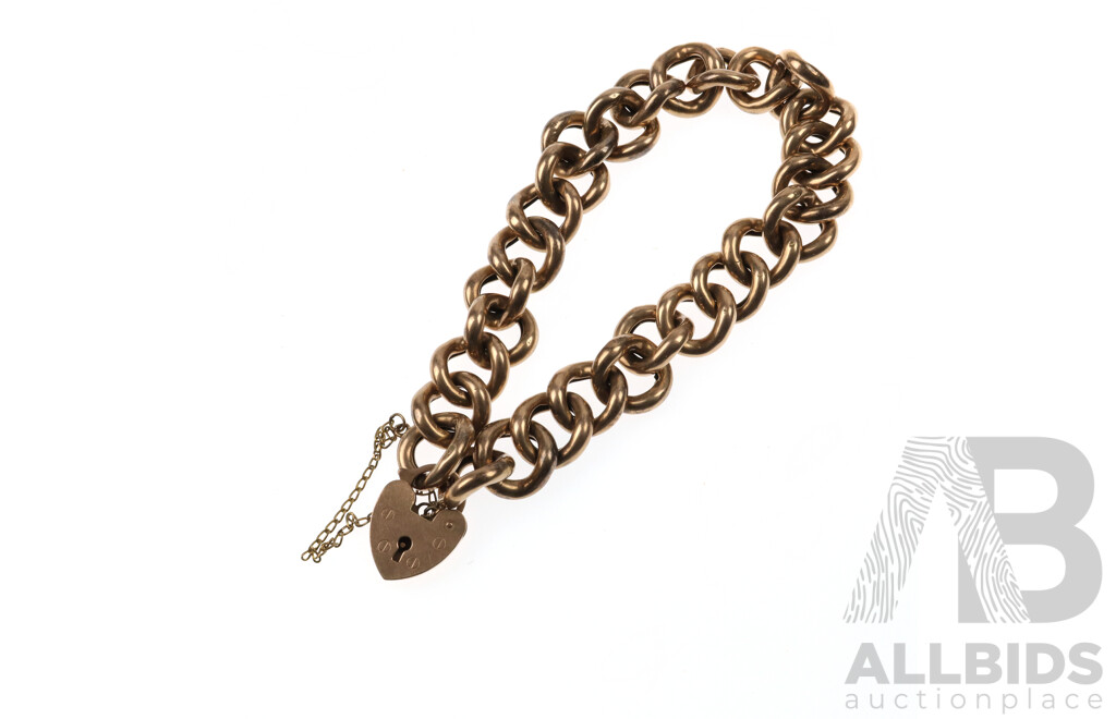 9ct Vintage Rose Gold Hollow Curb Link Padlock Bracelet, 20cm, 12mm Wide, 26.17 Grams