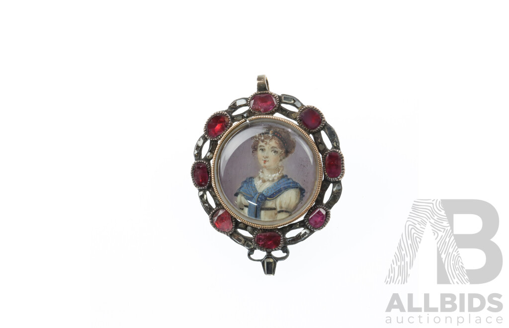 Antique (C.1860) Diamond & Ruby Slice Miniature Portrait Pendant, 9ct & 925, 12.64 Grams