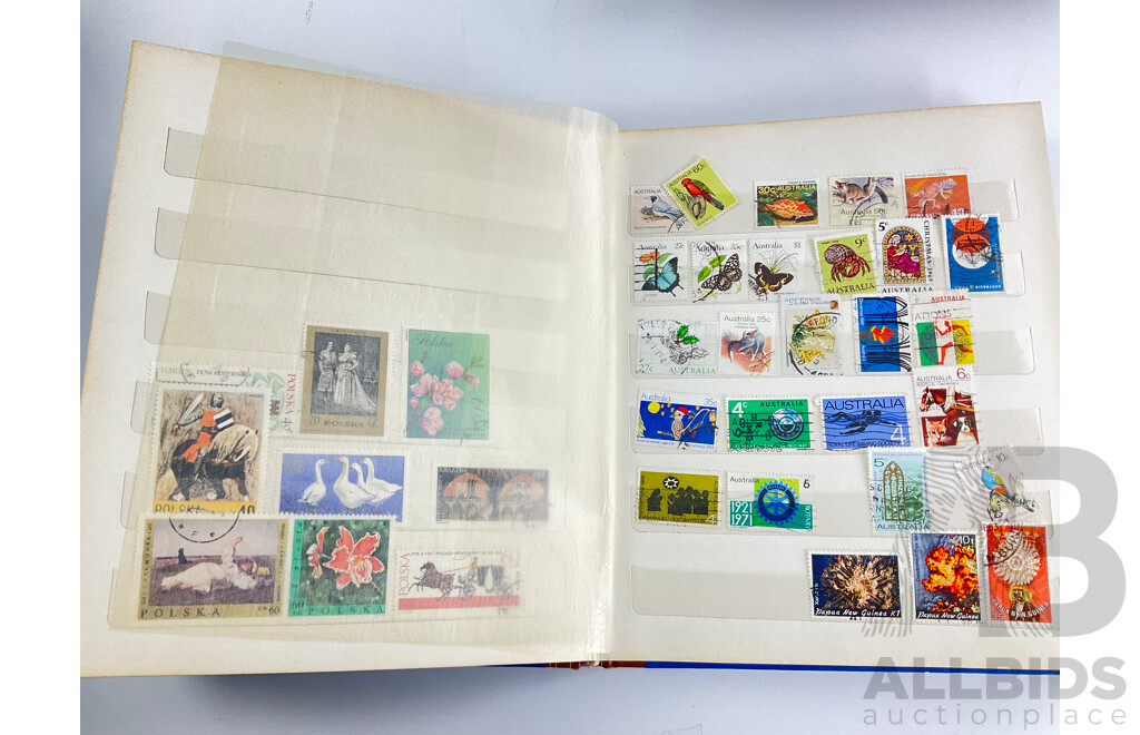 Collection of Australian and International Stamps Including 1988 Bicentennial Collection, Australian Stamp Blocks From Late 1970's Early 1980's Antarctica, Cancelled Stamp Albums
