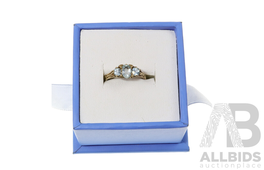 Vintage Aquamarine Trilogy Ring with Various Birmingham Hallmarks 9KT, Size L 1/2, 2.35 Grams