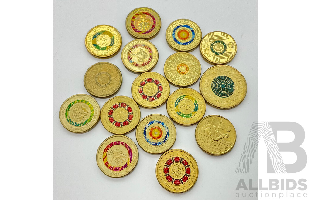 Australian Two Dollar Coins Including 2019 One Hundred Years of Repatriation, 2016 Australian Olympic Team, 2015 Remembrance, 2019 Wallabies and One Dollar Donation Coin