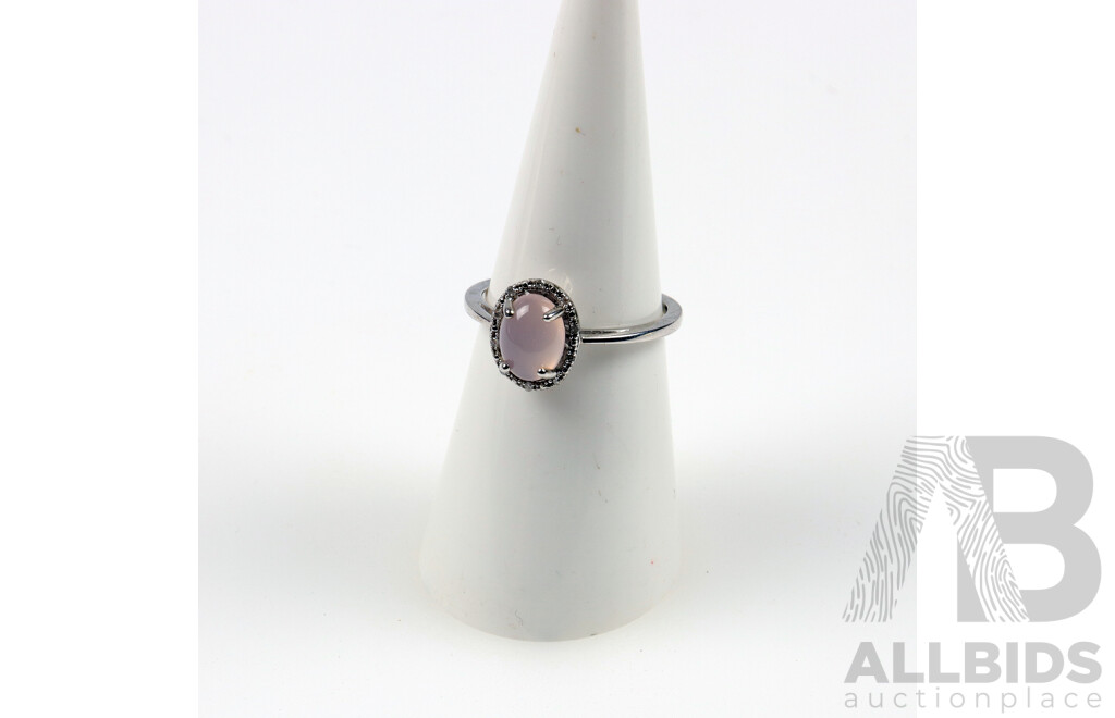 Sterling Silver Rose Quartz Cabachon & Diamond Halo Ring, Size N, 1.90 Grams