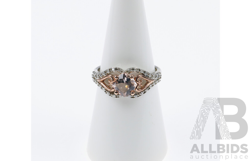 Sterling Silver & 9ct Rose Gold Morganite and Diamond Ring TDW 0.16ct, Size O, 2.69 Grams