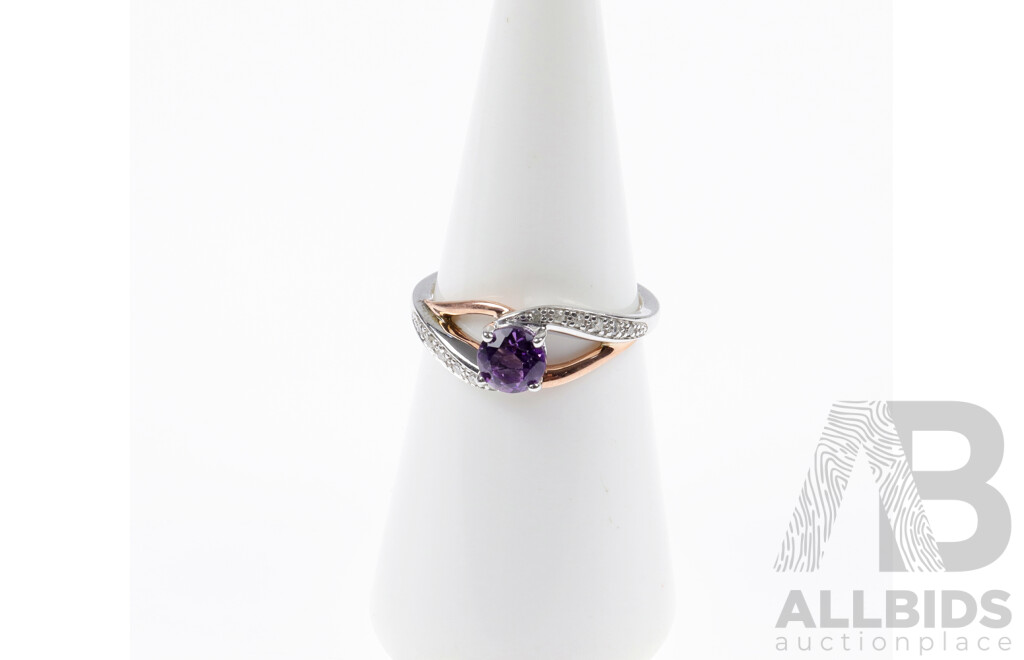 Sterling Silver & 9ct Amethyst and Diamond Ring, Size L, 1.97grams