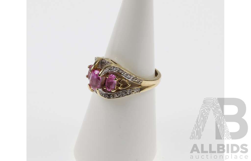 9ct Diamond & Pink Sapphire Ring, Size M 1/2, 3.56 Grams