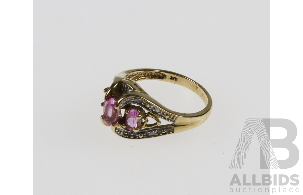 9ct Diamond & Pink Sapphire Ring, Size M 1/2, 3.56 Grams