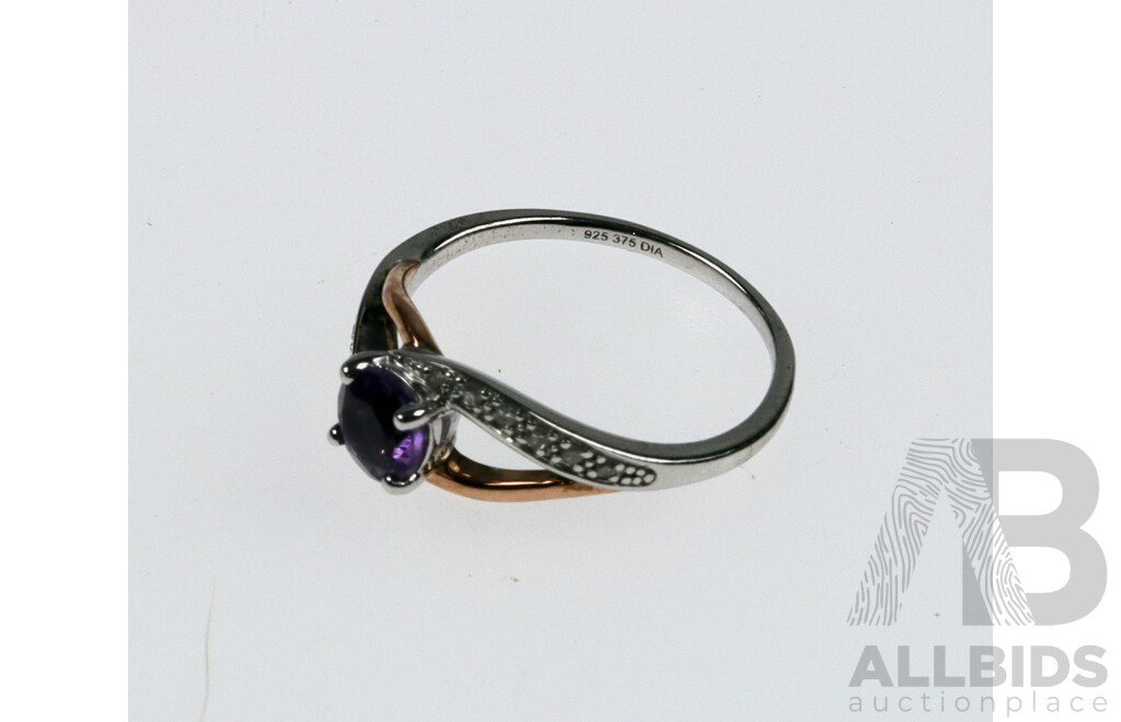 Sterling Silver & 9ct Amethyst and Diamond Ring, Size L, 1.96 Grams