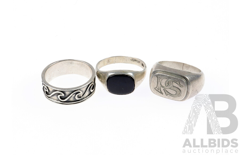 Vintage Sterling Silver Mens Rings, Including Signet Ring, Hallmarked 835
