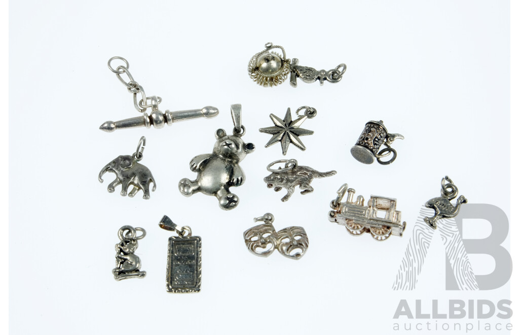 Collection of (13) Vintage Sterling Silver Charms Including Teddy Bear Pendant, 21.56 Grams