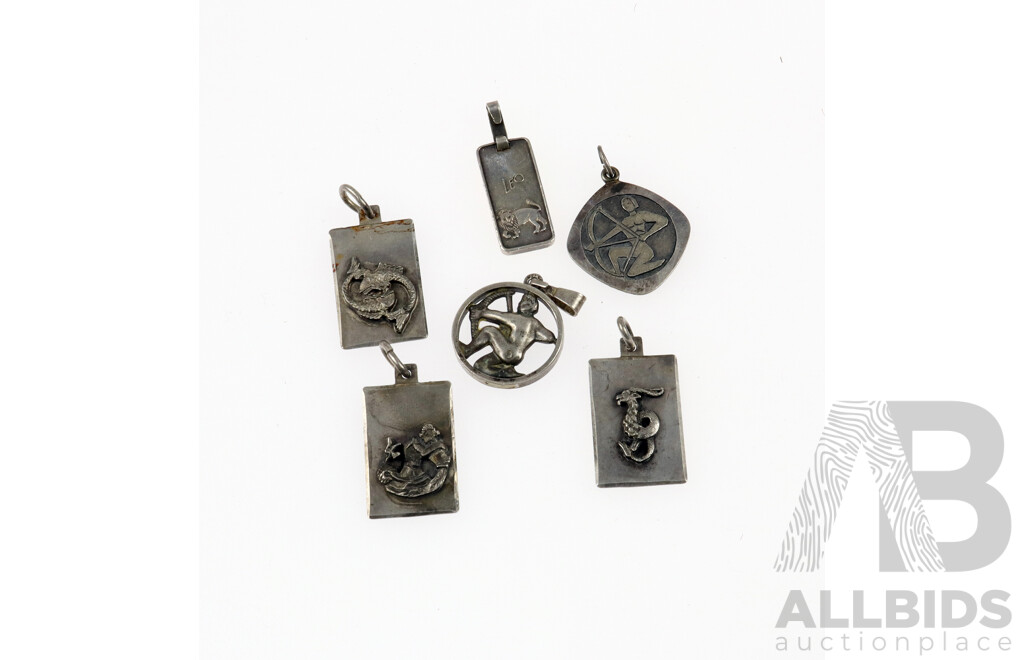 Collection of (6) Vintage Sterling Silver Zodiac Pendants