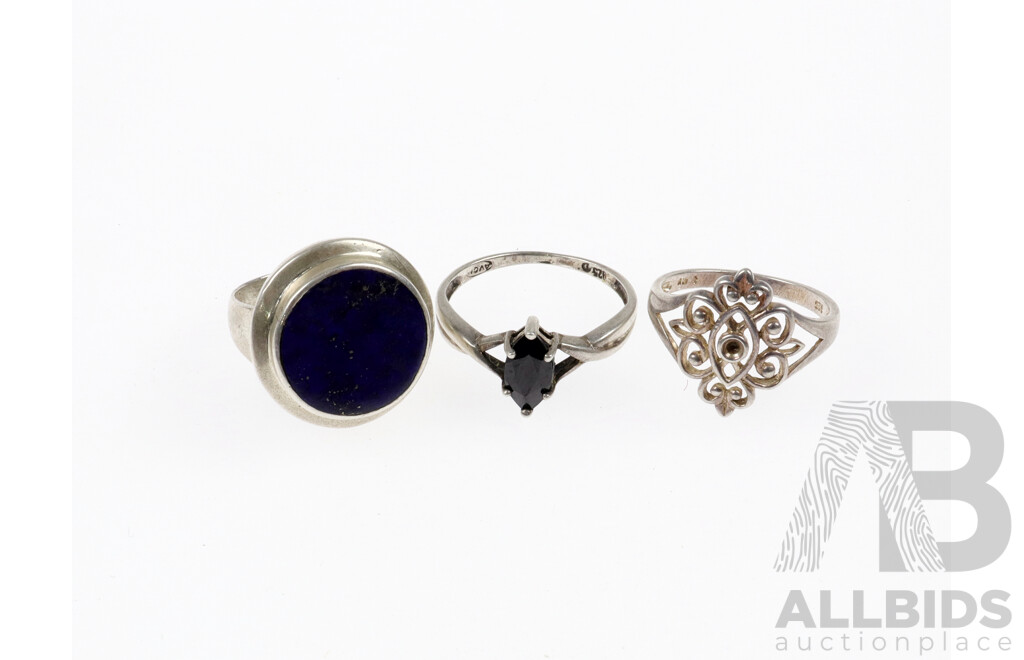 Collection of (3) Sterling Silver Rings, Including Lapis Ring, 13.06 Grams