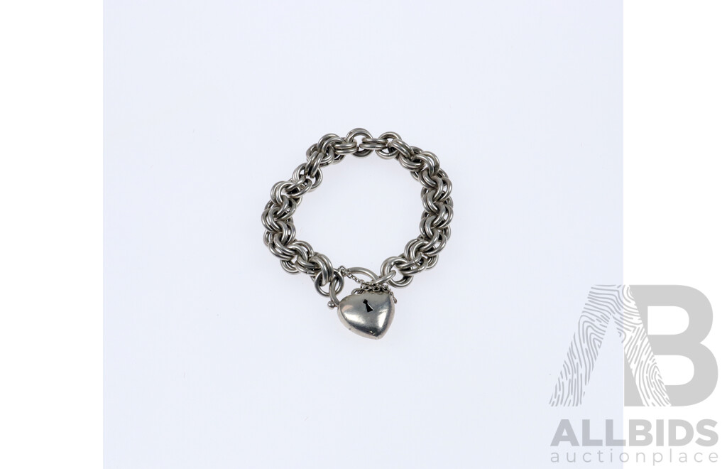 Vintage Sterling Silver Double Belcher Link Heart Padlock Bracelet, 19cm, 10mm Wide, 55.23 Grams