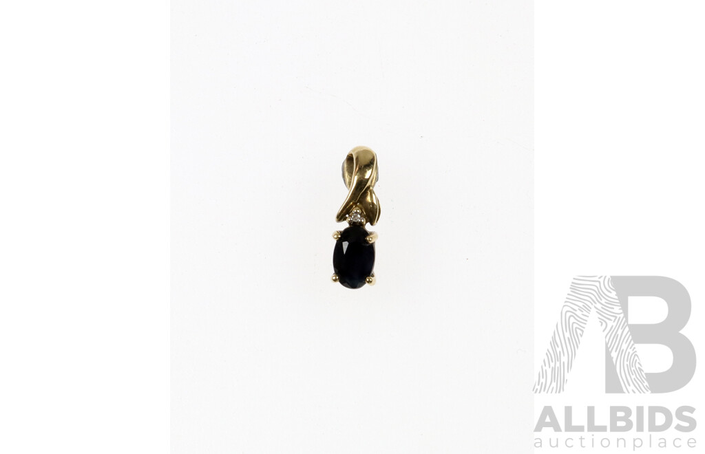 9ct Australian Sapphire & Diamond Pendant, 13.5mm X 4mm, 0.60 Grams, Hallmarked 9CT