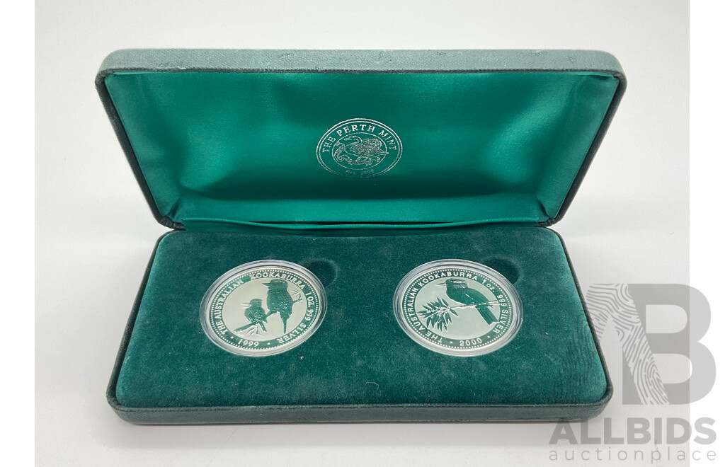 Australian Perth Mint Kookaburra One Dollar 1oz Silver Two Coin Set in Presentation Box