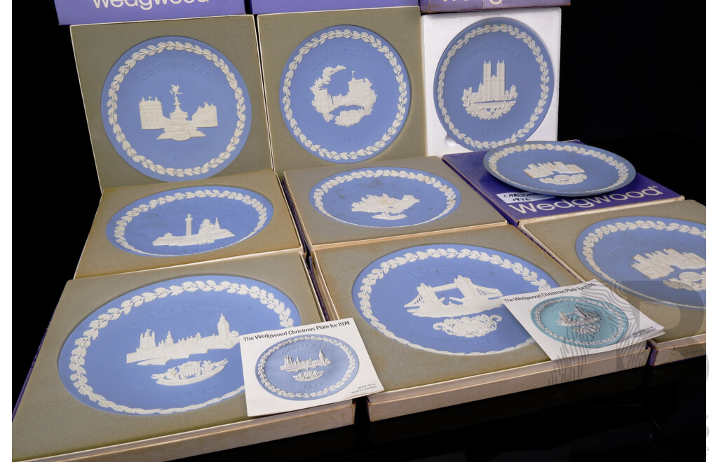 Collection Nine Wedgwood Jasperware Commemorative Plates in Original Boxes