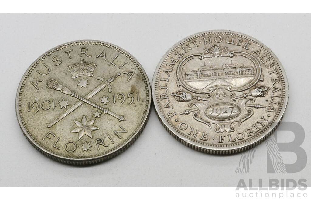 Australian 1927 and 1951 Florins Coins .925 and .500 Silver (2)