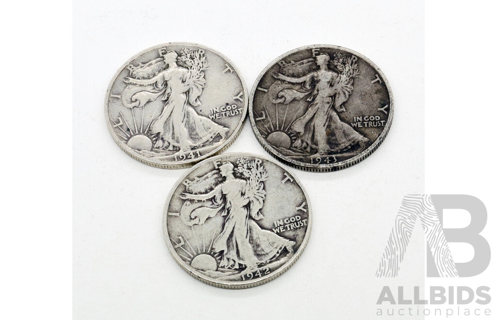 United States of America 1941, 1942, 1943 Half Dollar Coins .900 Silver (3)
