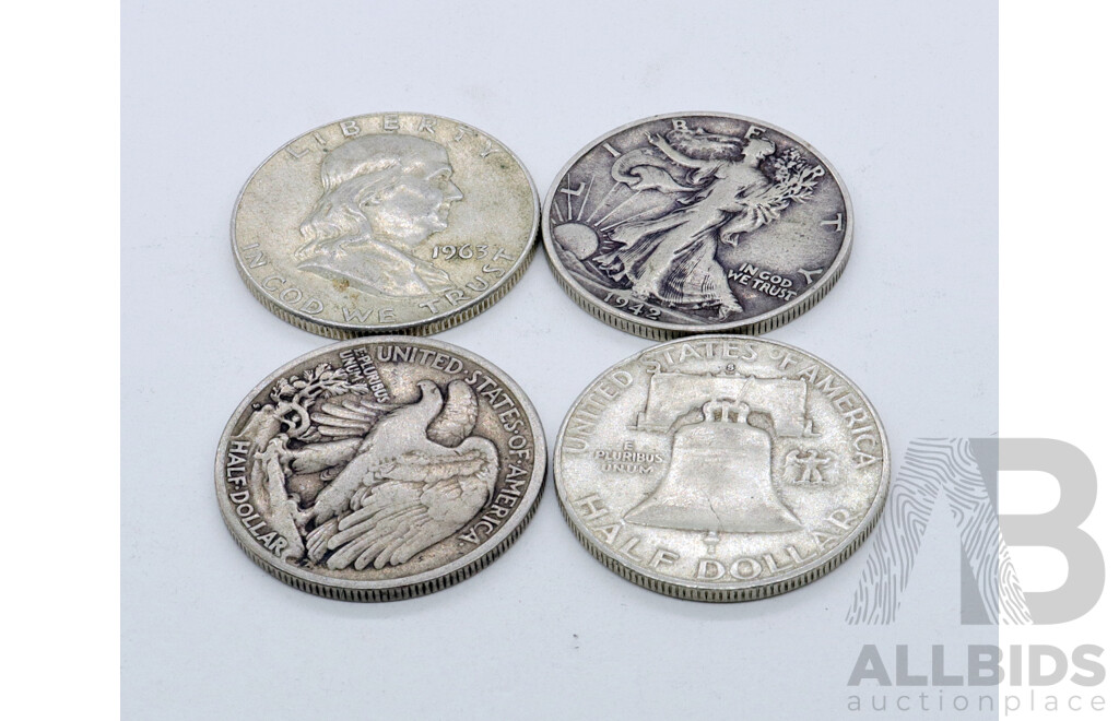 United States of America Half Dollar Coins 1933, 1942, 1953, 1965 .900 Silver (4)