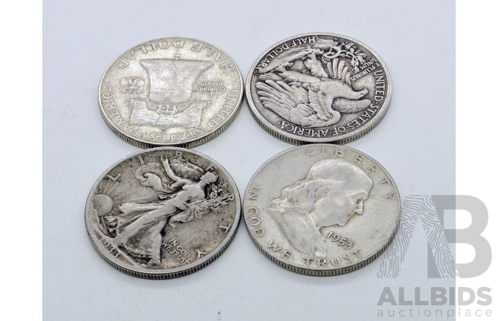 United States of America Half Dollar Coins 1933, 1942, 1953, 1965 .900 Silver (4)