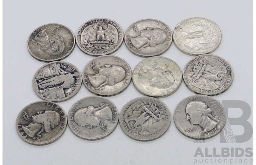 United States of America Quarter Dollar Coins Including 1937, 1940, 1942, 1957, 1964 (12)