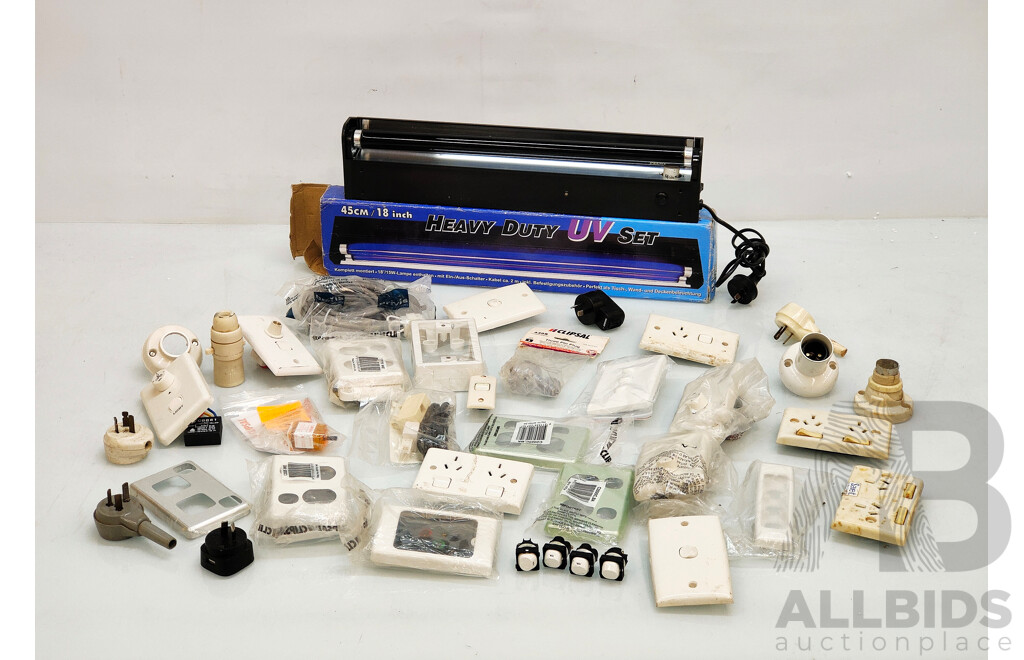 Assorted Lot of Electrical Equipment (Light Switches, Electrical Plugs) and Heavy Duty UV Set