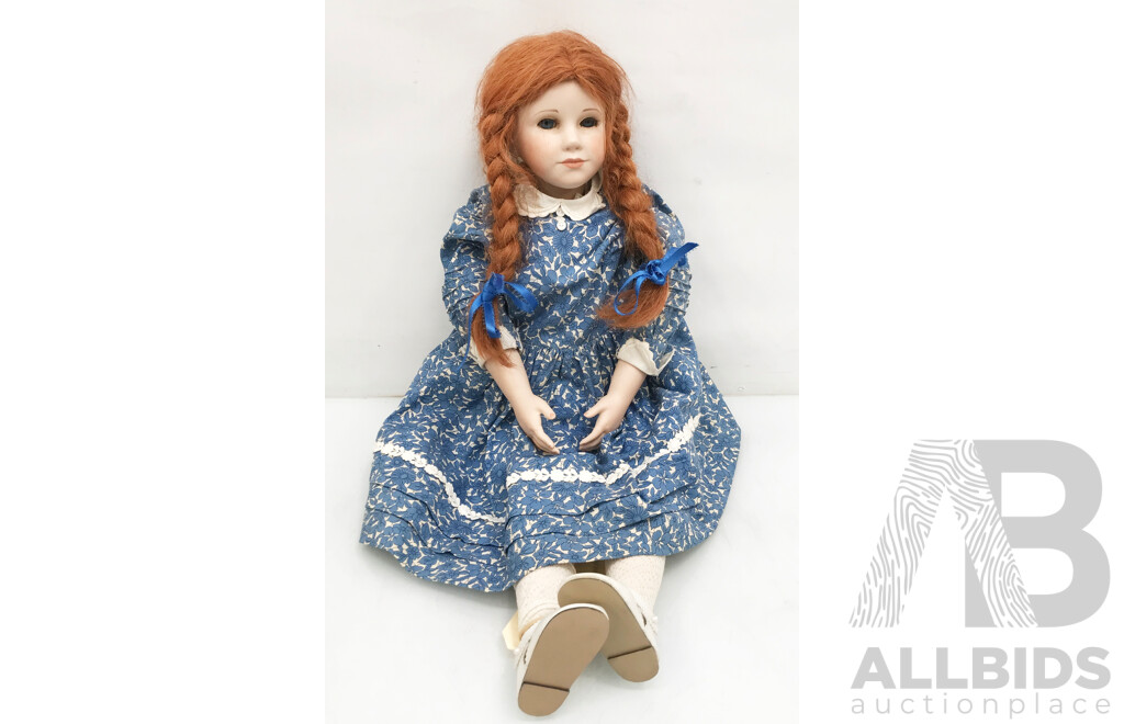 Antique Girl Doll with Blue Dress and Stand