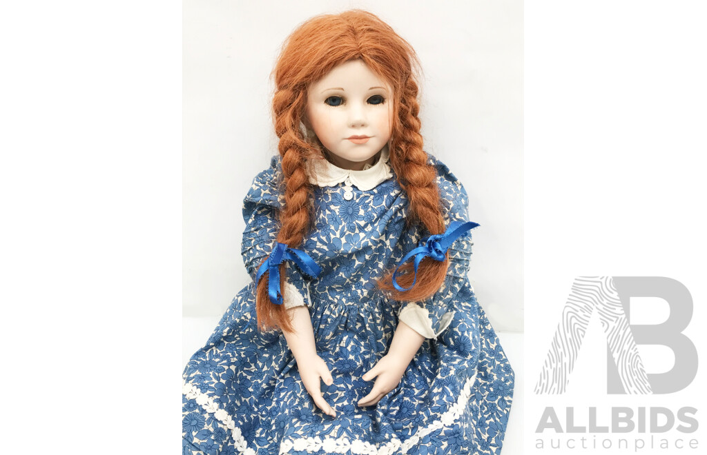 Antique Girl Doll with Blue Dress and Stand