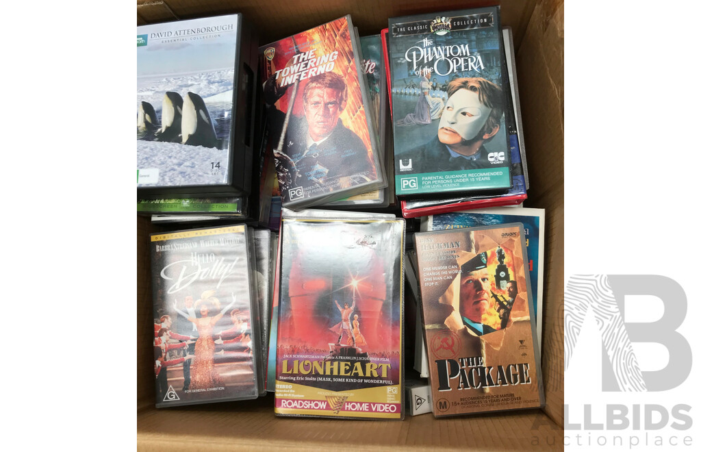 Lot of Approximately 100 VHS Including Some DVDs and CDs