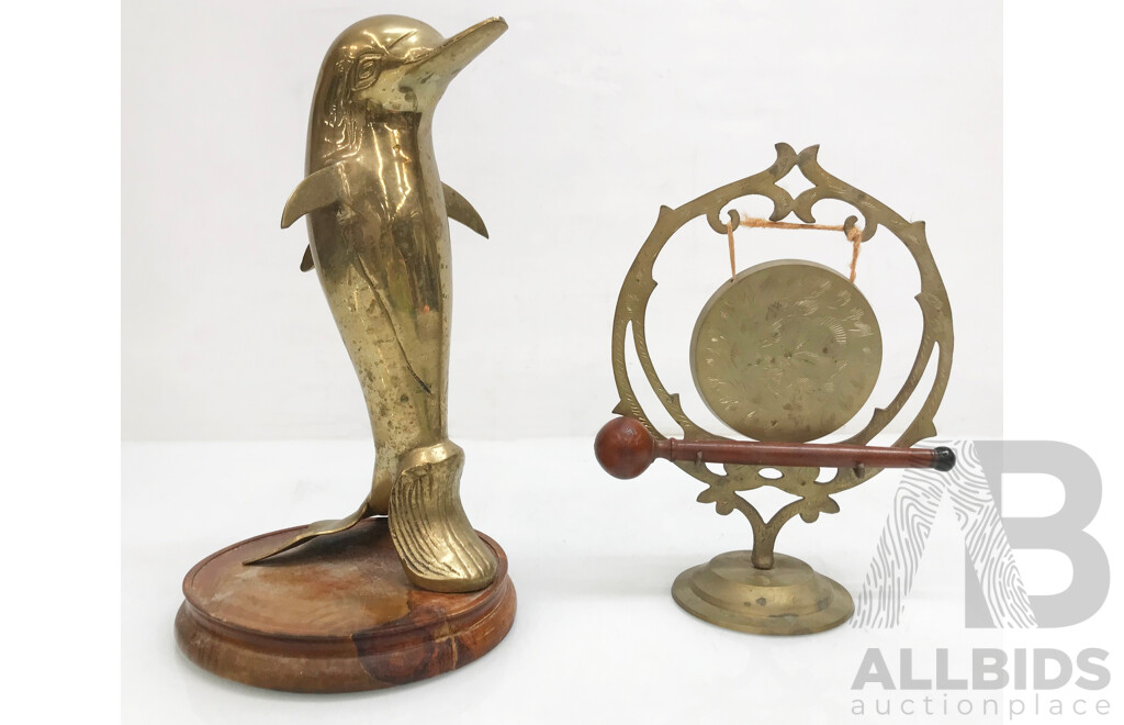 Brass Dolphin Figure and Mini Oriental Gong Display
