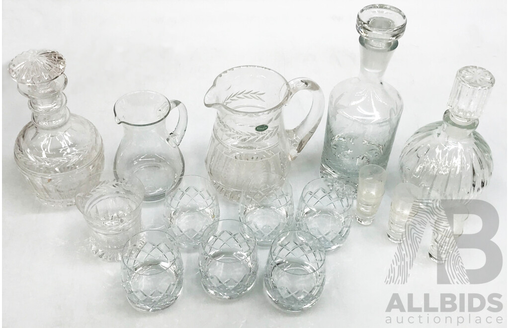 Assorted Decanters, Jugs, and Drinking & Shot Glasses