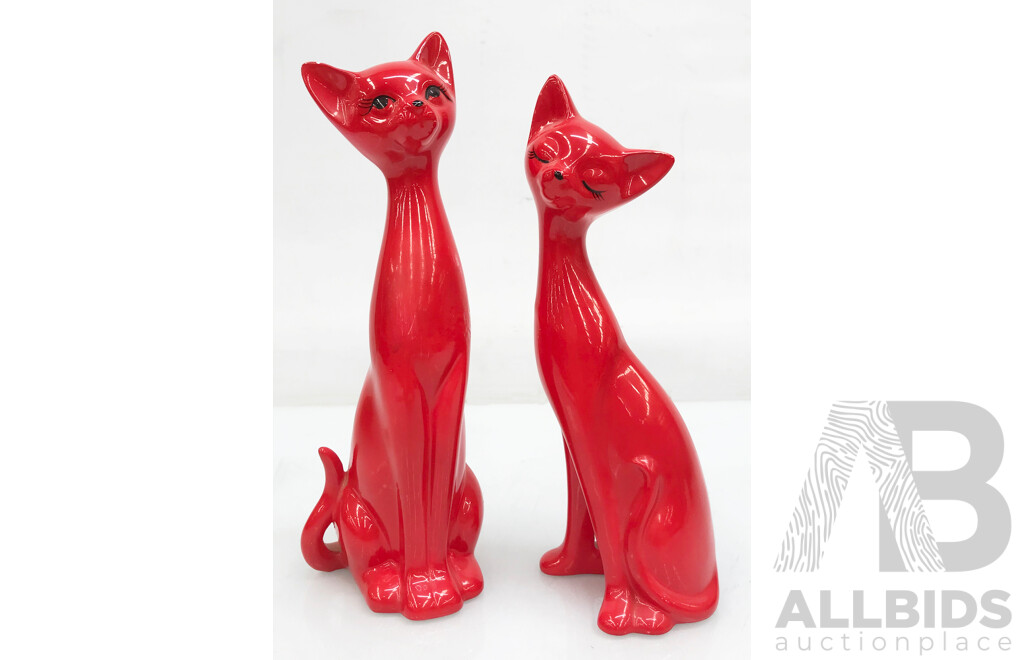 Pair of Retro Long Neck Red Cat Salt & Pepper Shaker Figures
