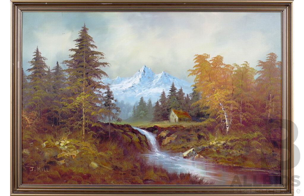 Vintage Landscape Oil Painting, Signed J. Hill