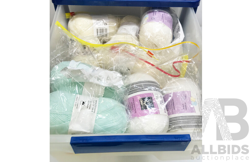 Knitting and Sewing Supplies in Storage Stack