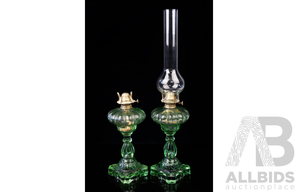 Pair Antique Green Depression Glass Oil Lamps with Brass Fittings, One with Glass Chimney