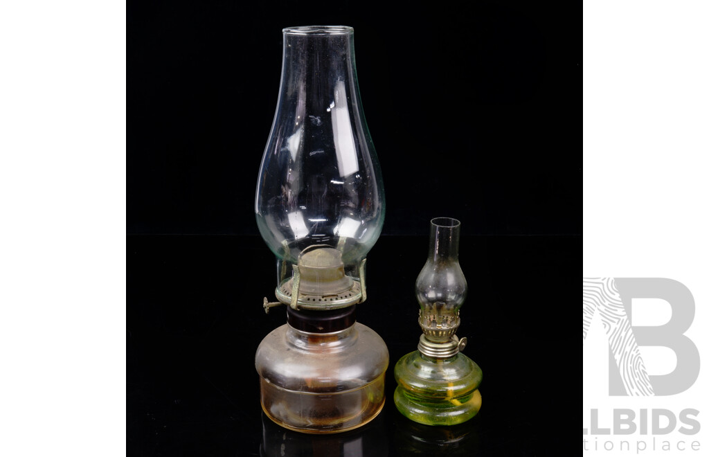 Two Antique Glass Oil Lamps with Brass Fittings Including Small Uranium Glass Example