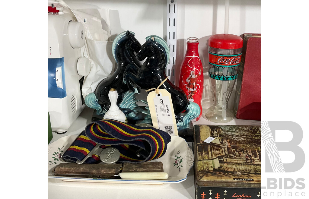 Collection Decorator Items Including Canadian Military Belt, Pair Ceramic Rearing Horse Figures, Gotta Straight Razor, Royal Albert Bell and More