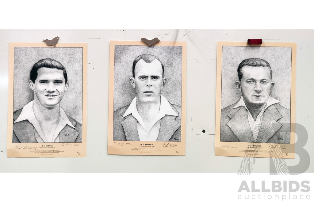 Signed Portrait Sketches of Players From the 1948 Invincibles Australlian Cricket Team