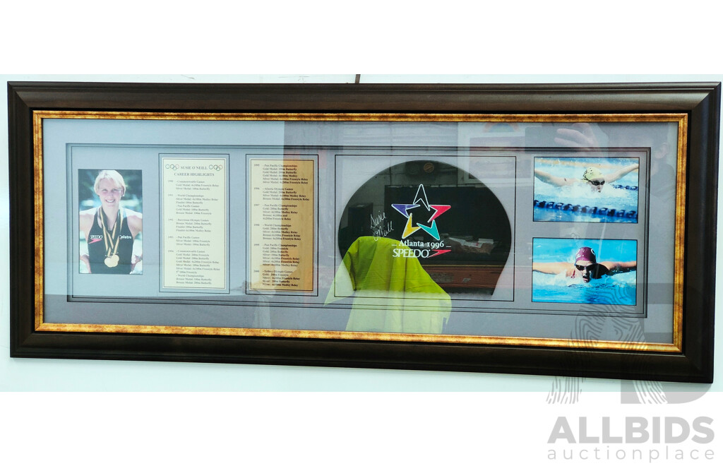 Framed Speedo Swim Cap with Photographs and Brass Plaques - Signed by Susie O'Neill